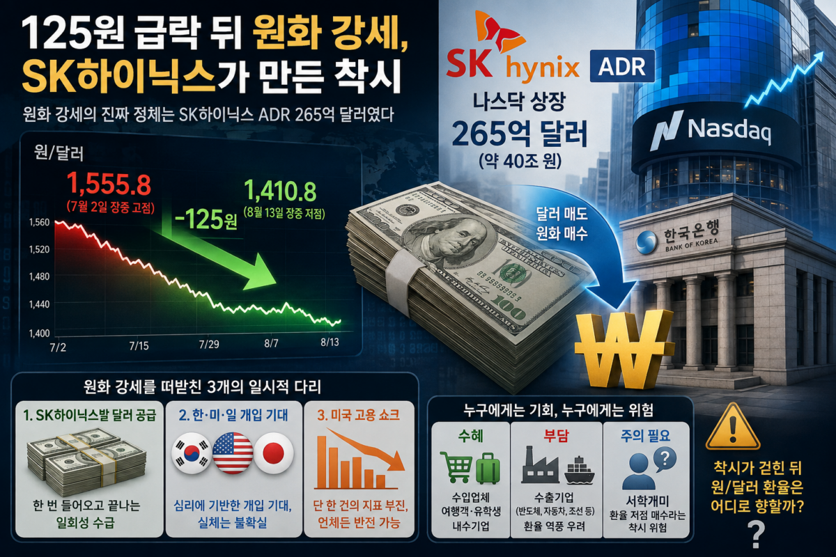 원화 강세로 하락하는 원달러 환율 전광판과 SK하이닉스 ADR 나스닥 상장 그래프