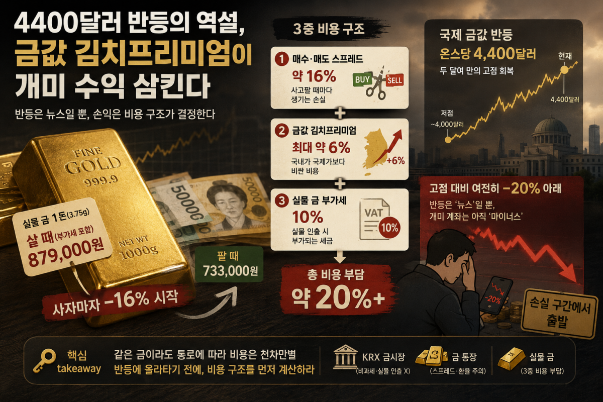 금값 김치프리미엄으로 손실 구간에서 출발하는 국내 실물 금 투자자를 상징하는 금괴와 원화 이미지