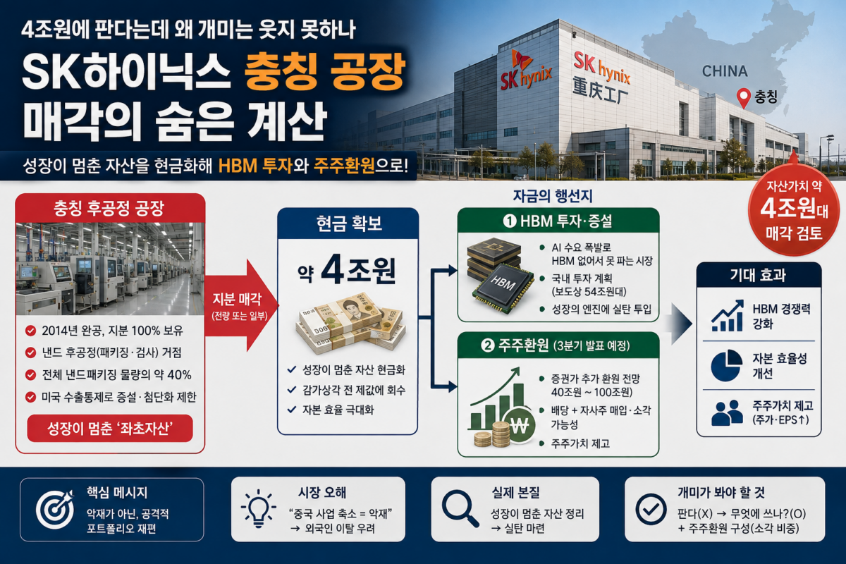 SK하이닉스 충칭 공장 매각 검토와 3분기 주주환원 이슈를 상징하는 반도체 후공정 생산라인 이미지