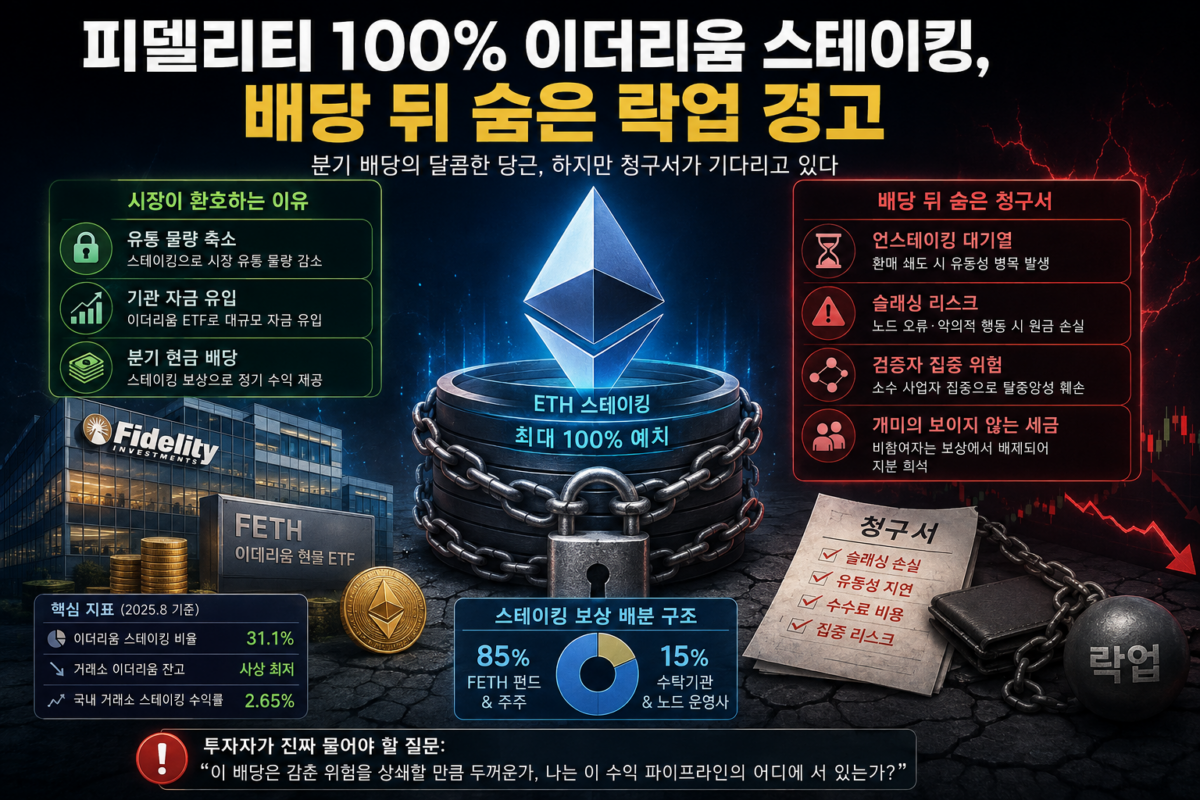 피델리티의 이더리움 스테이킹 100% 신청과 락업 리스크를 상징하는 이더리움 로고 이미지