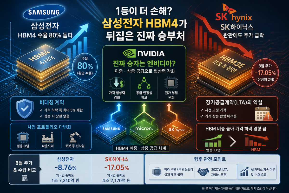 삼성전자 HBM4 수율 80% 돌파와 SK하이닉스 주가 divergence를 비교한 반도체 시장 그래픽