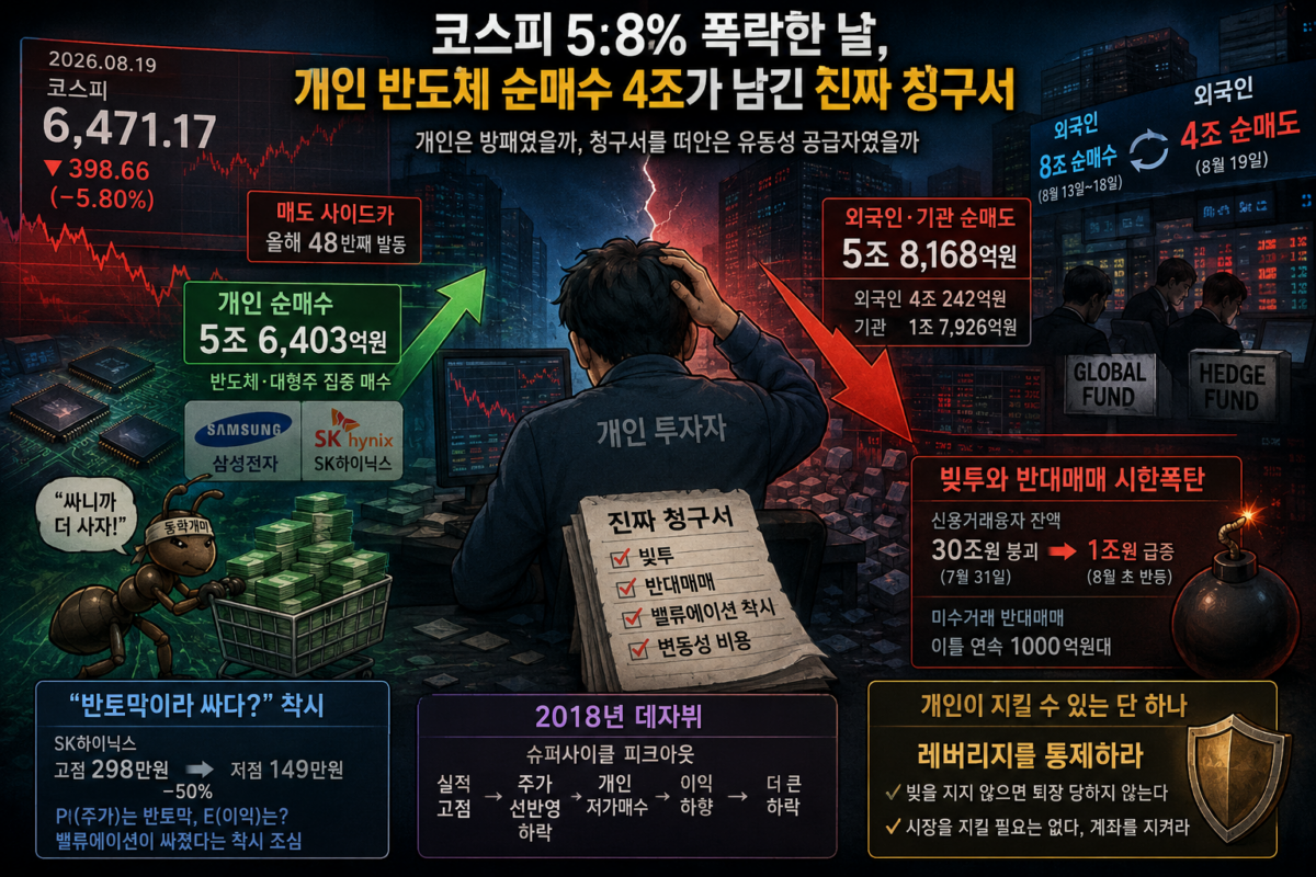 개인 반도체 순매수 규모와 코스피 급락을 나타낸 전광판을 바라보는 개인 투자자