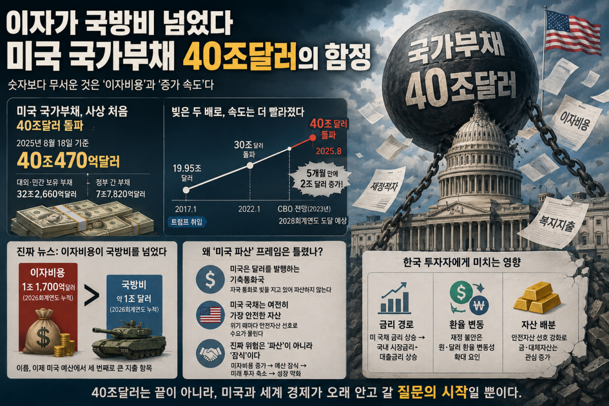 미국 국가부채 40조달러 돌파와 국방비를 넘어선 이자비용 부담을 나타내는 미국 재정 개념 이미지