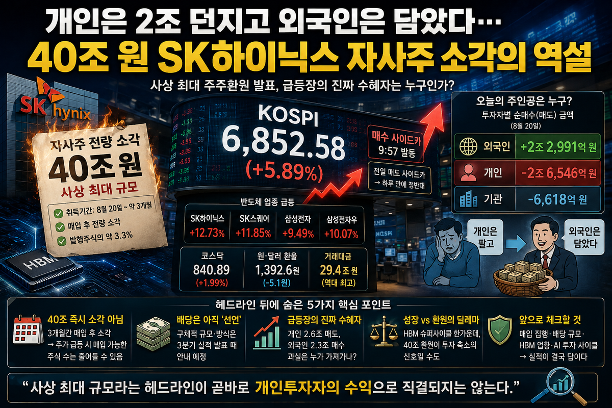 외국인만 웃은 SK하이닉스 자사주 소각 40조, 개미의 딜레마 2026년 8월 20일 코스피는 하루 만에 5.89% 뛰어 6,852.58로 마감했습니다. 오전 9시 57분에는 매수 사이드카가 발동됐고, 불과 하루 전 매도 사이드카가 걸렸던 시장은 정확히 반대 방향으로 뒤집혔습니다. 방아쇠는 전날 저녁 나온 SK하이닉스 자사주 소각 발표, 그것도 40조 원이라는 국내 상장사 사상 최대 규모였습니다. 언론은 '주주환원 새 역사'라는 제목을 달았고 증권가는 목표주가를 올렸습니다. 그런데 이 글은 조금 다른 곳을 봅니다. 정작 오늘의 급등장에서 개인은 2조 6천억 원어치를 팔아치웠고, 그 물량을 받아낸 것은 외국인이었습니다. 환호 뒤에 가려진 이 숫자가 이번 SK하이닉스 자사주 소각 이야기의 진짜 핵심입니다.