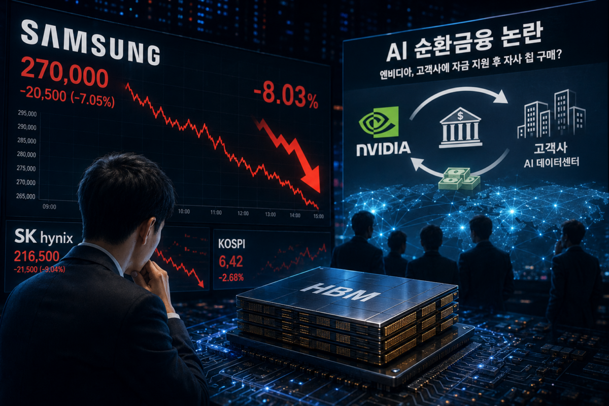 삼성전자 반도체 급락을 나타내는 붉은 하락 그래프와 전광판을 바라보는 투자자
