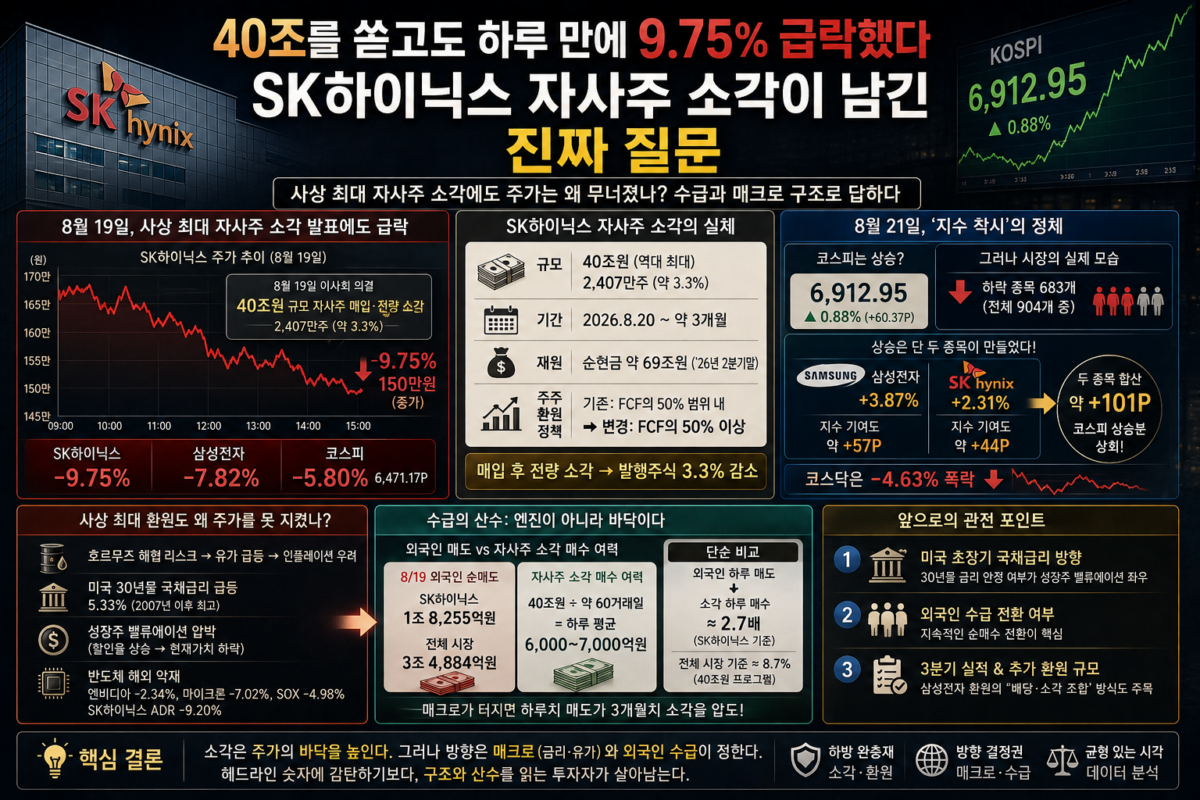 SK하이닉스 자사주 소각 40조원 발표 당일 급락한 주가 흐름을 보여주는 코스피 차트