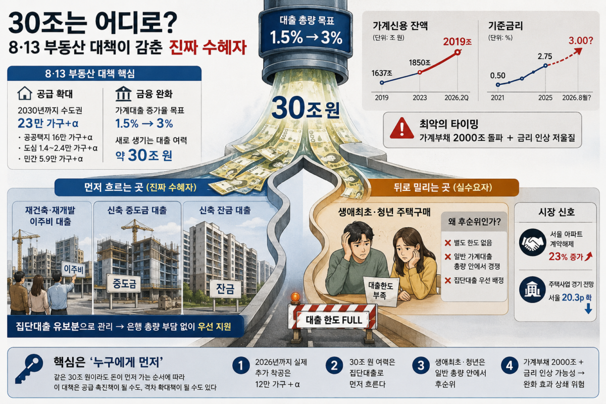 8·13 부동산 대책 발표 이후 서울 아파트 단지와 은행 대출 창구를 배경으로 한 이미지