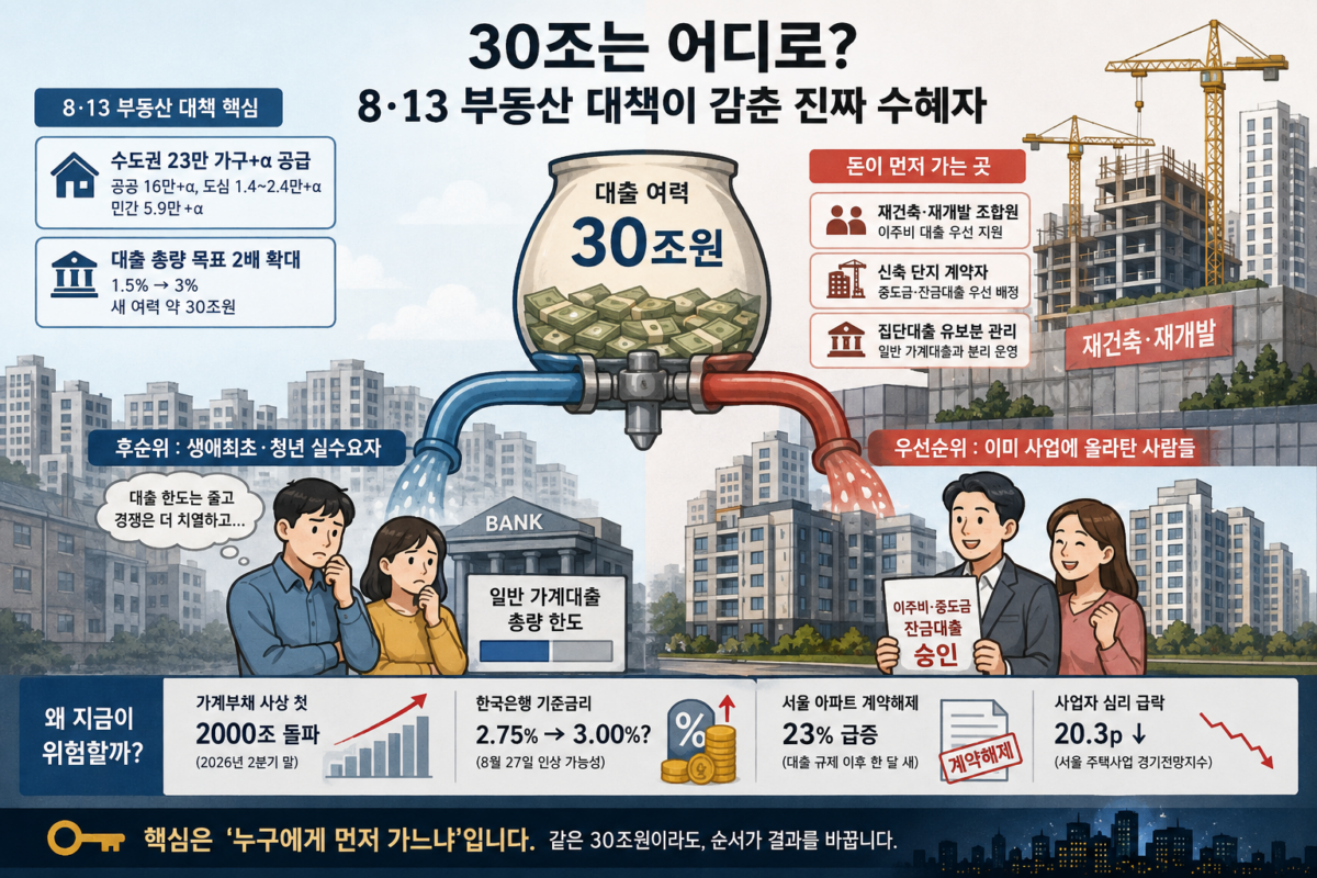 8·13 부동산 대책 발표 이후 서울 아파트 단지와 은행 대출 창구를 배경으로 한 이미지
