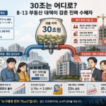 8·13 부동산 대책 발표 이후 서울 아파트 단지와 은행 대출 창구를 배경으로 한 이미지