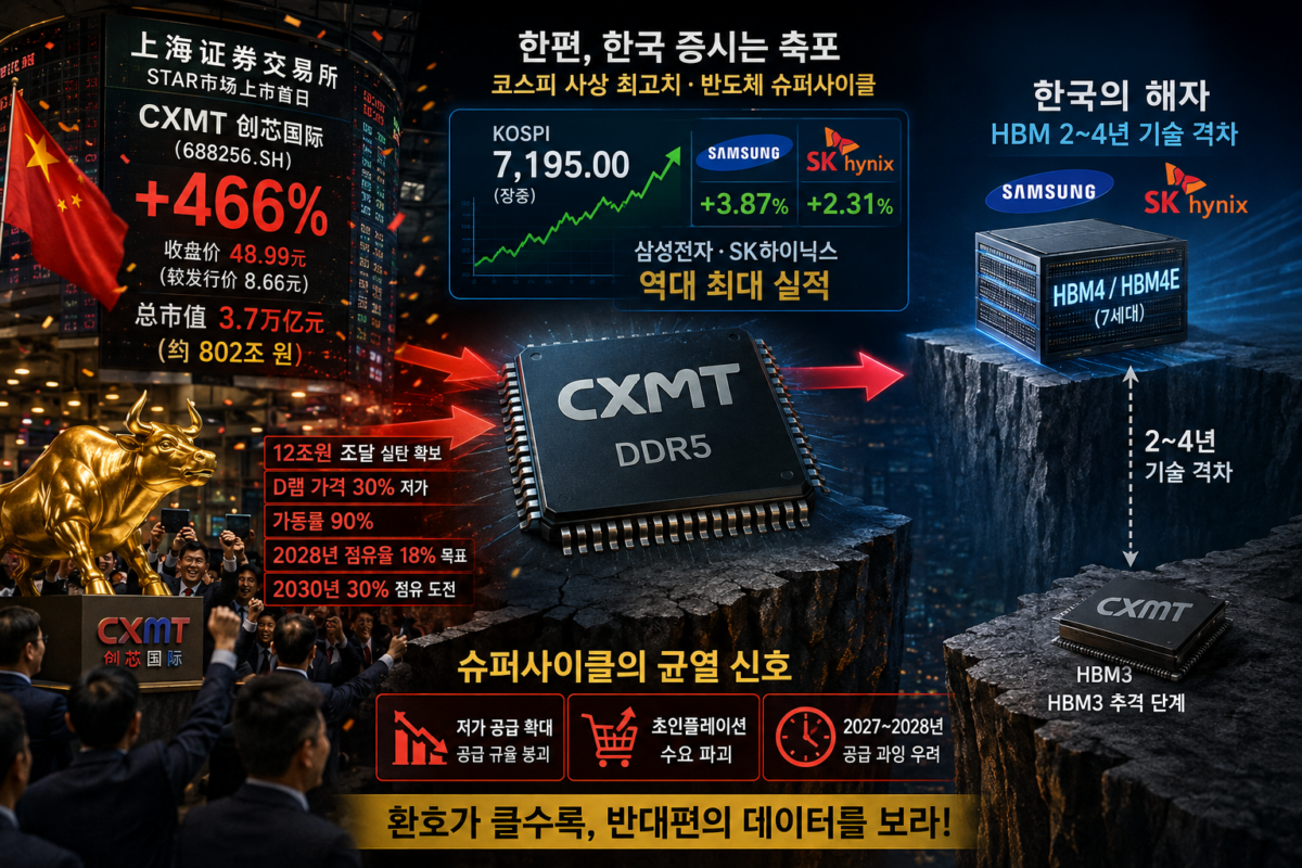 창신메모리 상장 첫날 상하이 증권거래소 전광판과 삼성전자·SK하이닉스 D램 반도체 웨이퍼를 대비한 이미지