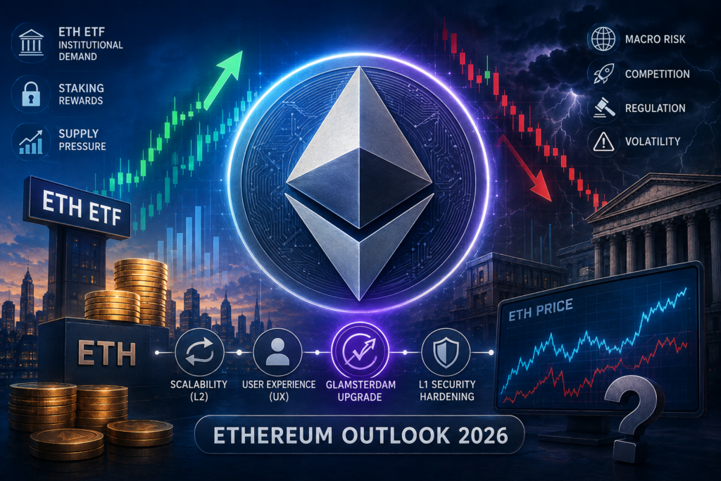 이더리움 전망을 상징하는 ETH 로고와 상승·하락 가격 차트