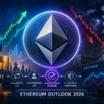 이더리움 전망을 상징하는 ETH 로고와 상승·하락 가격 차트