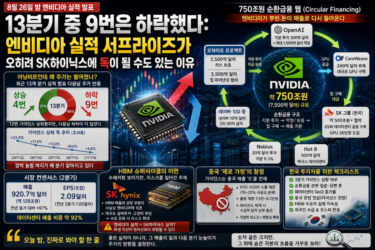 엔비디아 실적 발표를 앞두고 상승 화살표와 하락 화살표가 교차하는 반도체 GPU 칩 이미지