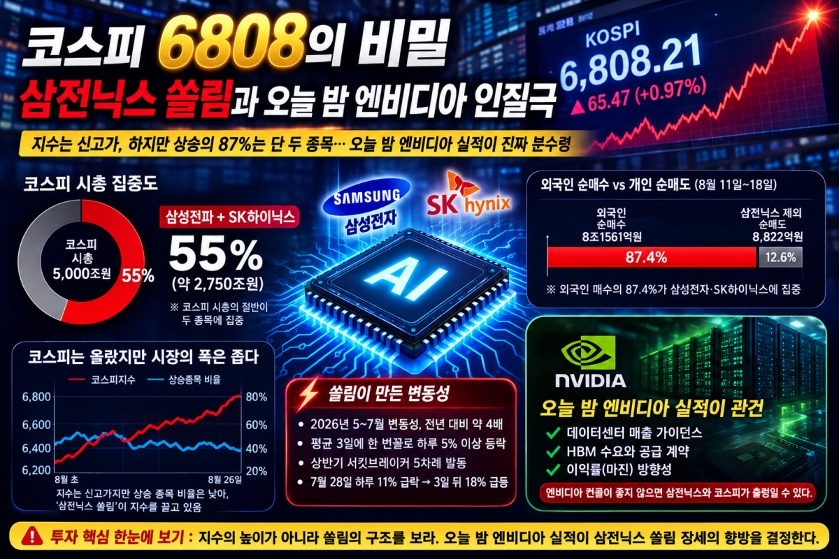 코스피 6808의 비밀, 삼전닉스 쏠림과 오늘 밤 엔비디아 인질극 코스피 6808의 비밀, 삼전닉스 쏠림과 오늘 밤 엔비디아 인질극 2026년 8월 26일, 코스피는 전 거래일보다 65.47포인트(0.97%) 오른 6808.21로 장을 마치며 또 한 번 사상 최고치를 갈아치웠다. 숫자만 보면 대한민국 증시가 역사상 가장 화려한 여름을 보내는 듯하다. 그러나 같은 날 코스닥은 826.87로 오히려 뒷걸음질했고, 대다수 투자자의 계좌는 이 축포와 무관하게 조용했다. 이 괴리의 정체가 바로 삼전닉스 쏠림이다. 이 글은 "코스피가 좋다"는 통념을 그대로 받아쓰는 대신, 신고가라는 헤드라인 숫자 뒤에 숨은 구조 — 단 두 종목이 지수를 끌고, 외국인이 나머지를 팔고, 그 모든 무게가 오늘 밤 엔비디아 실적 하나에 실려 있는 위태로운 균형 — 을 데이터로 해부한다.